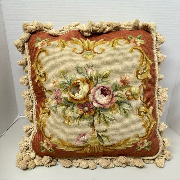 Large Rose Embroidered Tapestry Accent Pillow Tan Pink Tassels Boho Grandma Core - Picture 1 of 9